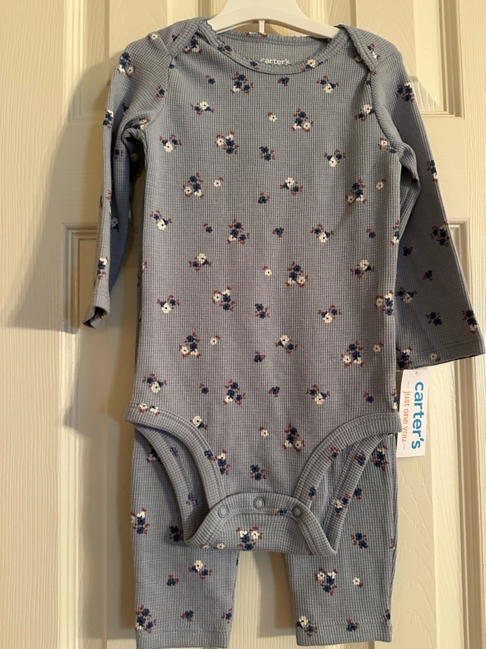Carter's Light Blue Floral Waffle-Knit Long-Sleeve One-Piece